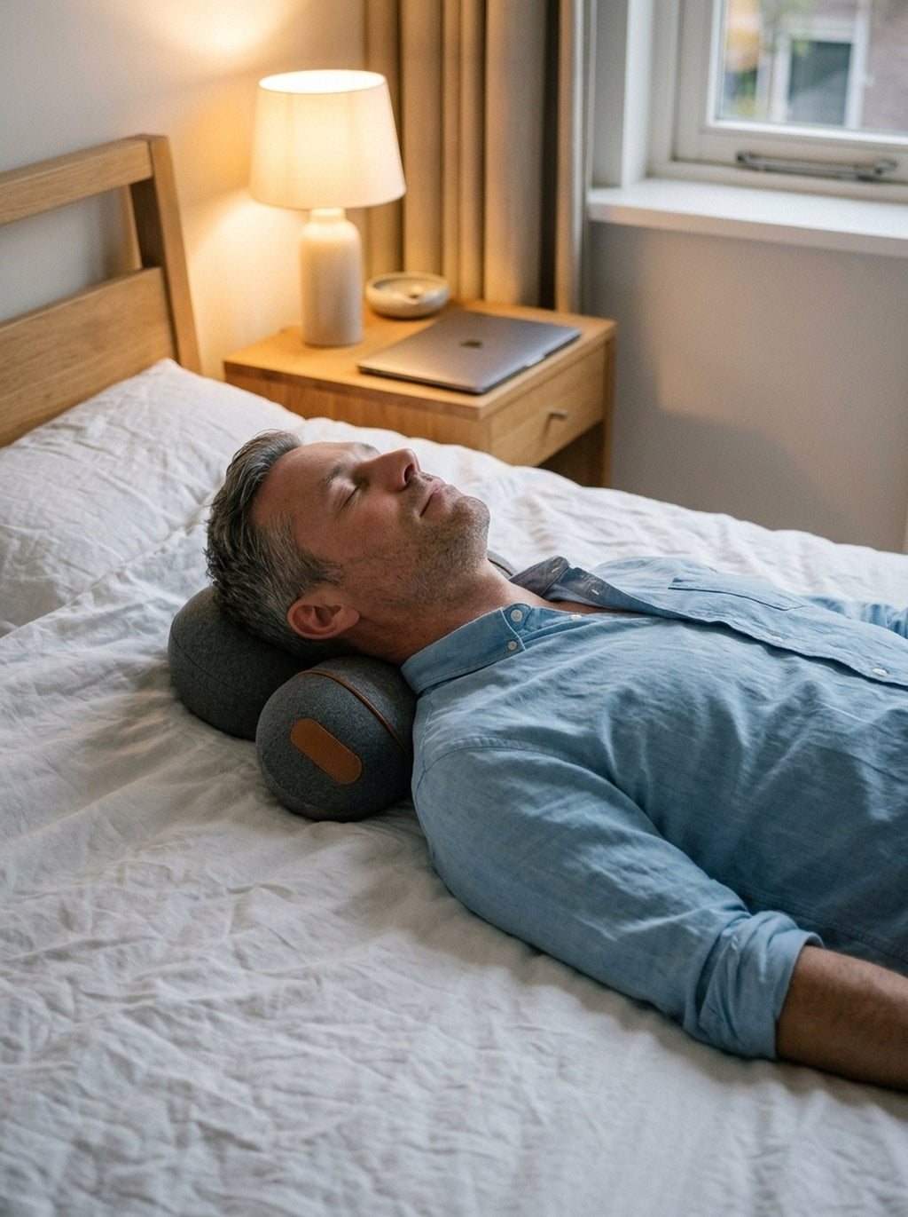 Man ontspant op bed met het Kalmo nekkussen