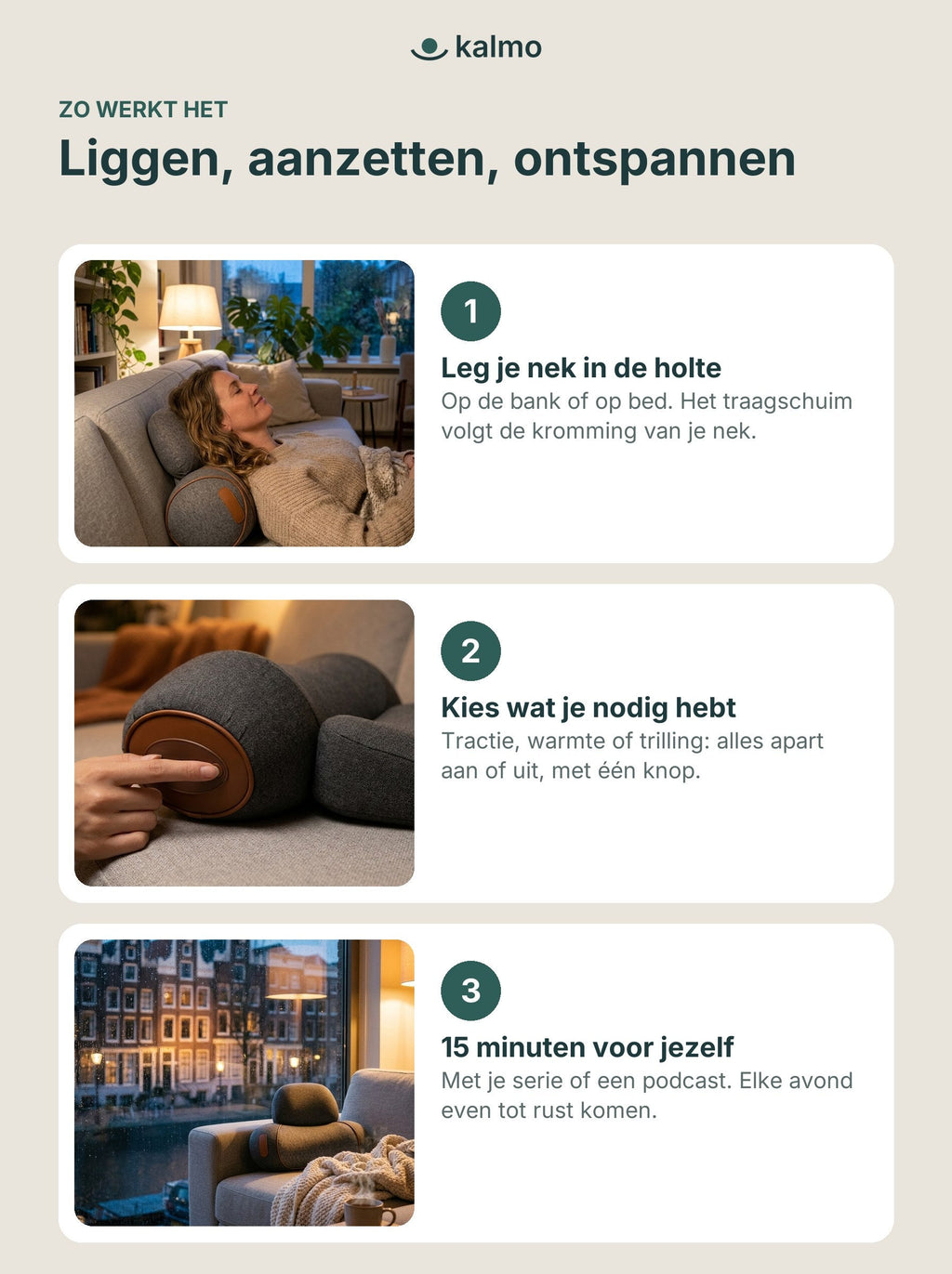 Zo werkt het Kalmo nekkussen in 3 stappen