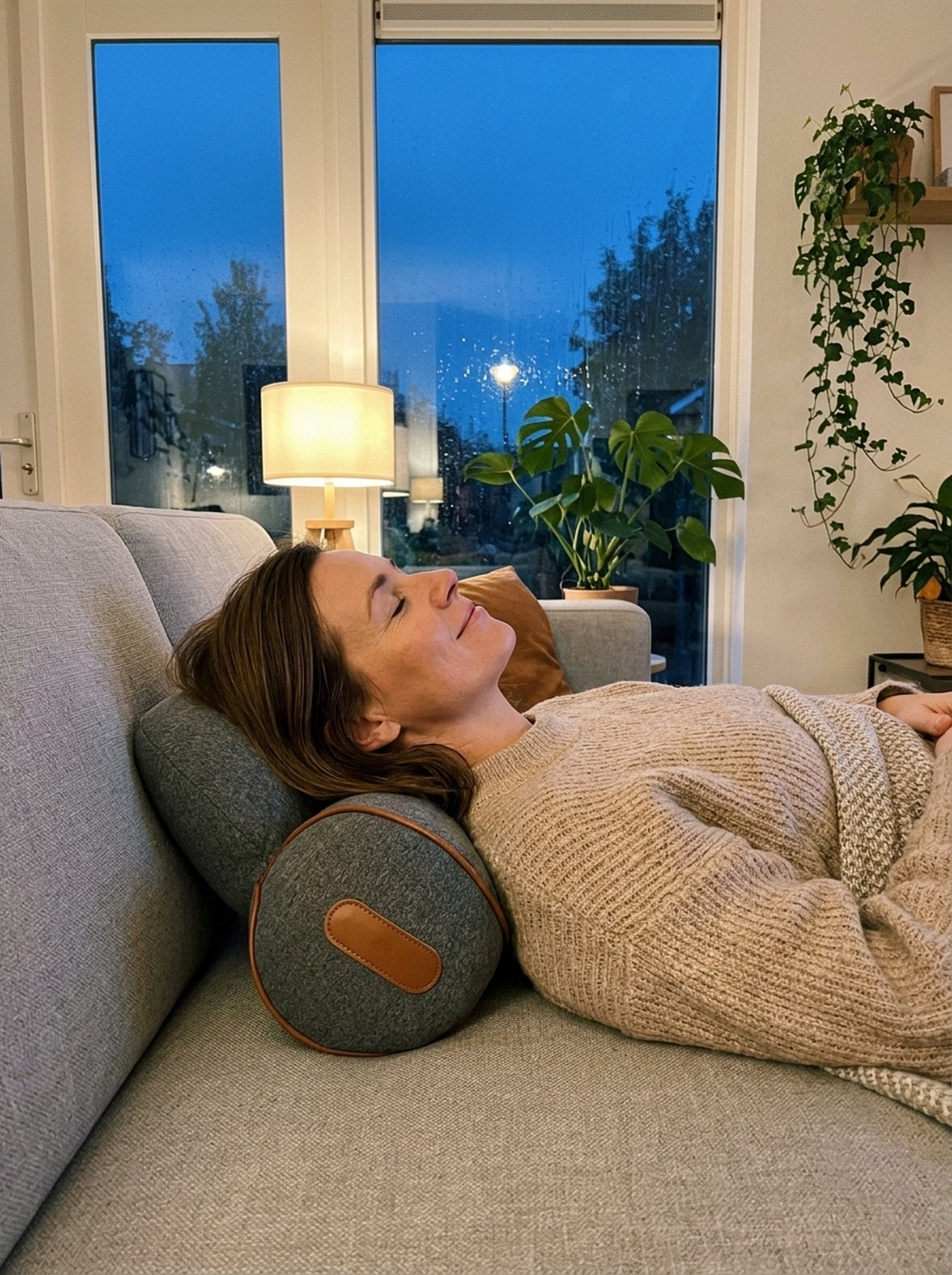 Vrouw ontspant op de bank met het Kalmo nekkussen onder haar nek